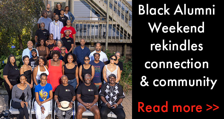 Text: Black Alumni Weekend rekindles connection & community, Read more >>. Image: A group photo of Black Alumni Weekend 2025 attendees.
