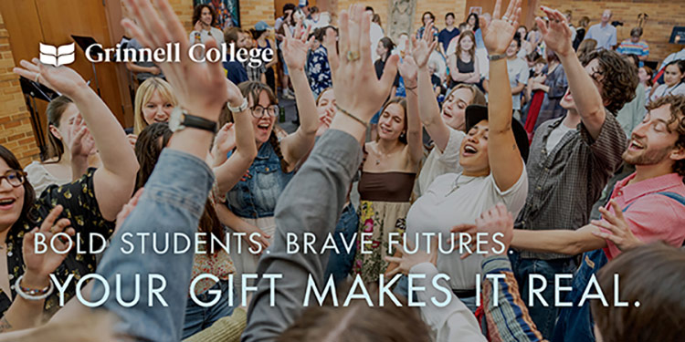 Text: Bold Students. Brave Futures. Your Gift Makes it Real. Image: Student cheer while circled up with the arms like, like breaking a huddle. 