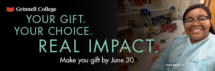 A photo of Kyla Miller ’25 working with lab equipment sits next to text. Text: Your Gift, Your Choice, Real Impact, Make your gift by June 30.