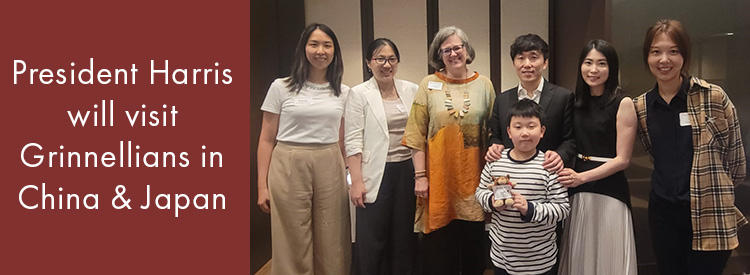 Text: President Harris will visit Grinnellian in China & Japan. Image: President Harris poses with Hong Kong alumni and their families.