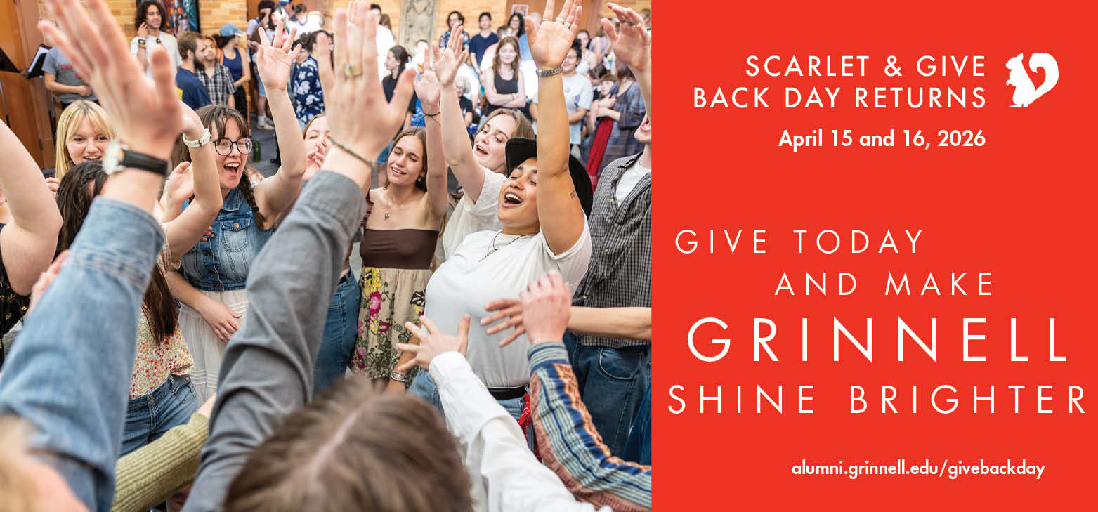 Image: A group of students cheer while huddled together. Text: Scarlet & Give Back Day returns April 15 & 16; Give Today and make Grinnell shine brighter.