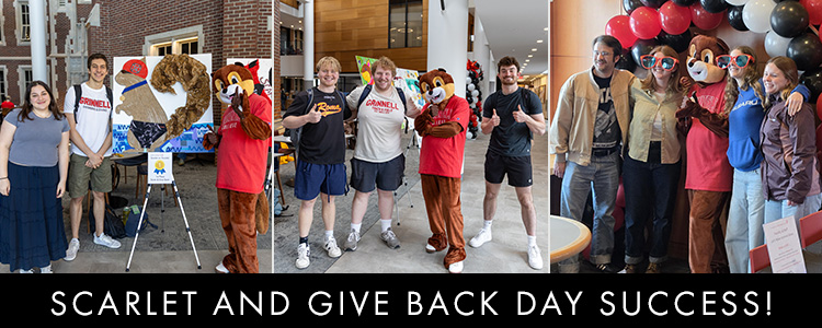 Text: Scarlet and Give Back Day Success! Images: Three images of students posing with Scarlet the Squirrel. 