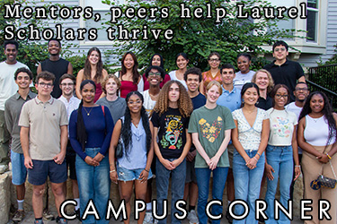 Text: Mentors, peers help Laurel Scholars thrive. Image: A group photo of the student in the Laurel Scholars program.