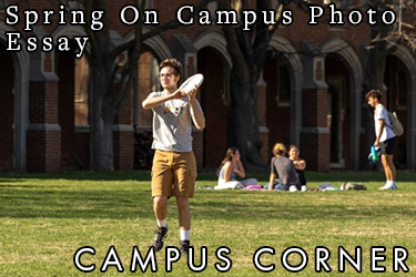 Text: Campus Corner - Spring in focus photo essay. Image: Taken during a reshearsal of the play day/dream: Blurring the Line Between Reality and Illusion, a student preformer faces the audience in a purple dress.