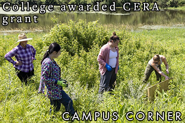 Text: Campus Corner - College awarded CERA grant. Image: Students search the prairie for specimens at CERA.