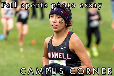 Text: Campus Corner - Fall sports photo essay. Image: A Grinnell Women's runner competes in a Cross Country event. 