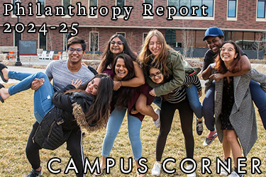 Text: Campus Corner - Philanthropy Report 2024-25. Image: Student jump on each other back while smiling outside the HSSC.