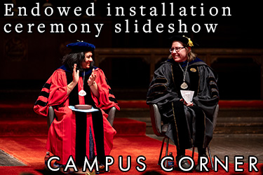 Text: Campus Corner - Endowed installation ceremony slideshow. Image: A drawing of a woman being colored in with markers.