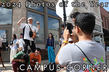 Text: Campus Corner - 2024 Photos of the Year. Image: Three students create a human period with the top student posing as a flex. A fourth student takes a photo. 