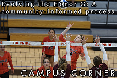 Text: Campus Corner - Evolving the Honor G: A community-informed process. Image: A Grinnell Volleyball play goes for a spike.