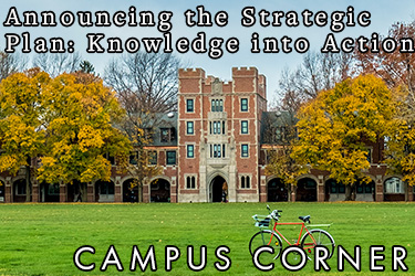 Text: Campus Corner - Knowledge into Action. Image: Gates-Rawson Tower surrounded by fall trees.