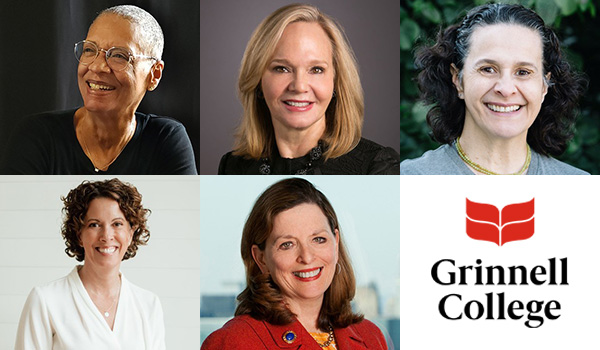 Dianne Jones &rsquo;74, Janet Carrig &rsquo;79, Eugenia Corrales &rsquo;87, Asha Moran &rsquo;92, Carol Edkins &rsquo;73, and the Grinnell College Logo