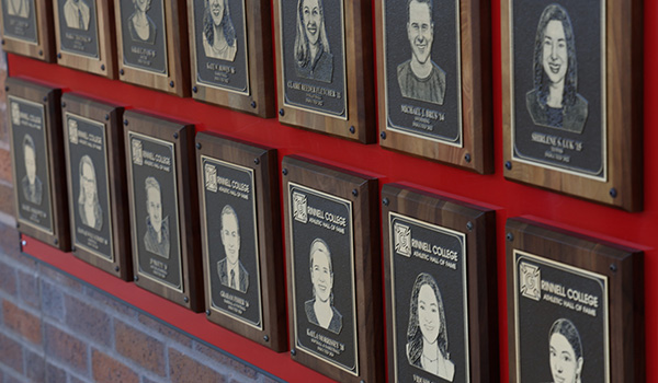 Grinnell College Athletic Hall of Fame wall plaques.