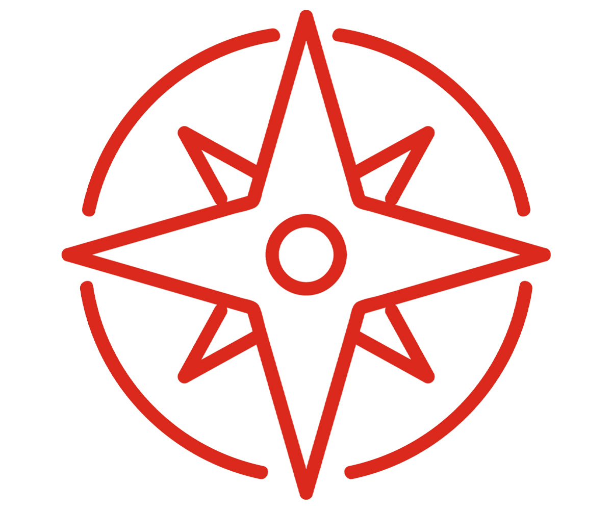 A stylized compass in Red
