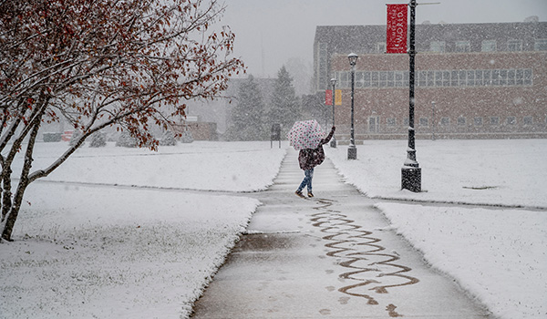 A student holding an umbrella in the snow created a pattern on the sidewalk in the freshly fallen snow.