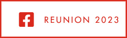 Red Text and Icon on a white background. Text: Reunion 2023 Icon: Facebook Logo (F cut out of a box).
