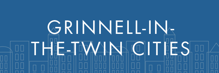 White text on a blue background. Text: Grinnell in-the-Twin Cities. Behind the text in a gray skyline.