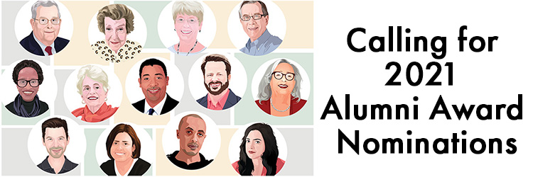 Illustrations of the 13 Alumni Award Winners from 2020. Text: Calling for 2021 Alumni Award Nominations.