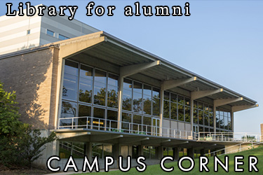 Text: Campus Corner - Library for Alumni. Image: Burling Library