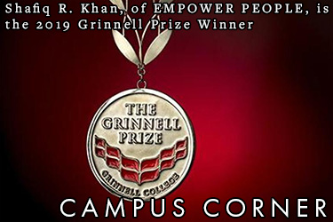 The Grinnell Prize metal. Text: Shafiq Kahn is the 2019 Grinnell Prize Winner.