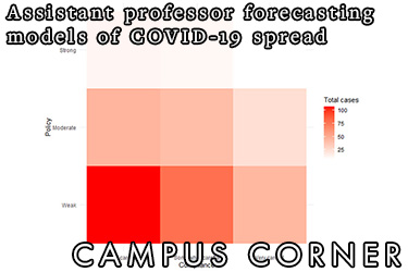 Text: Assistant professor forecasting models of COVID-19 spread. Campus Corner. Image: Graph showing Policy as the y axis and compliance as the x axis. The lower left corner showing low of both is red, while the upper right corner is white. Other sections