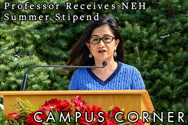 Image: Sharon Quinsaat speaking at virtual commencement. Text: Professor Receives NEH Summer Stipend