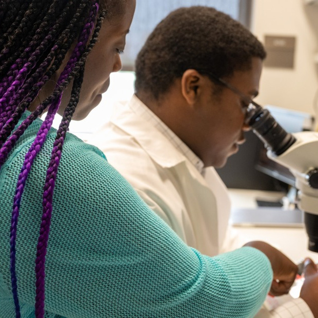 Koffi Amegble ’23 and assistant professor Charvann Bailey examine a specimen through a microscope. 