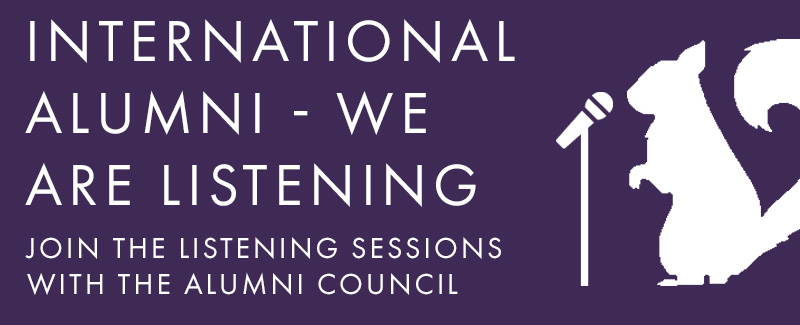 White text and icon on purple background. Text: International Alumni - We are listening, Join the upcoming listening sessions with the Alumni Council. Icon: A Squirrel speaking into a microphone.