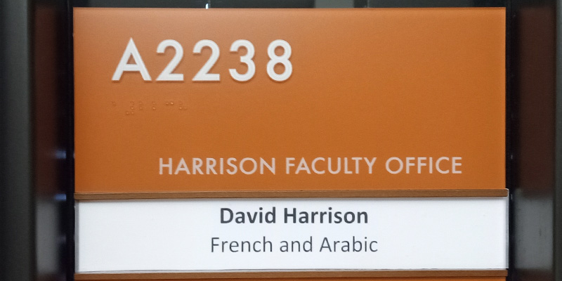 Roomsign for ARH A2238, the Harrison Faculty Office
