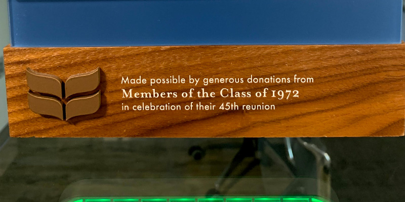 Dedication plaque for N1112. Text: Made possible by a generous donation from Susan and Cornell K. Rudov ’79.