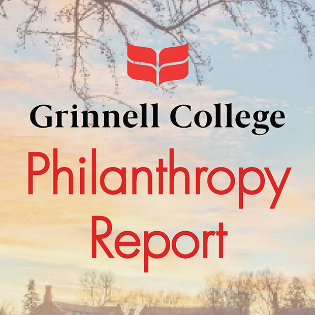 Text: Grinnell College Philanthropy Report. Background Image: A sunset over campus featuring oranges and yellow on the wispy clouds.