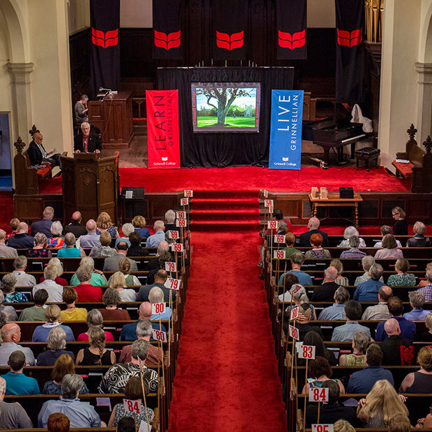 A picture taken from the balcony of Herrick Chapel looking down on the Reunion Alumni Assembly in 2019.