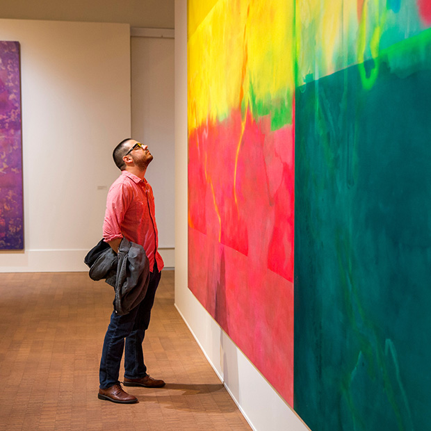 A museum visitor examines a full wall piece of art at the Grinnell College Museum of Art. 
