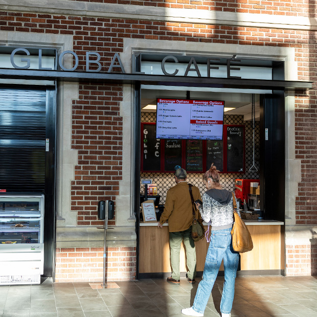 The Global Cafe located in the atrium of Grinnell College&rsquo;s Humanities and Social Studies Center (HSSC).