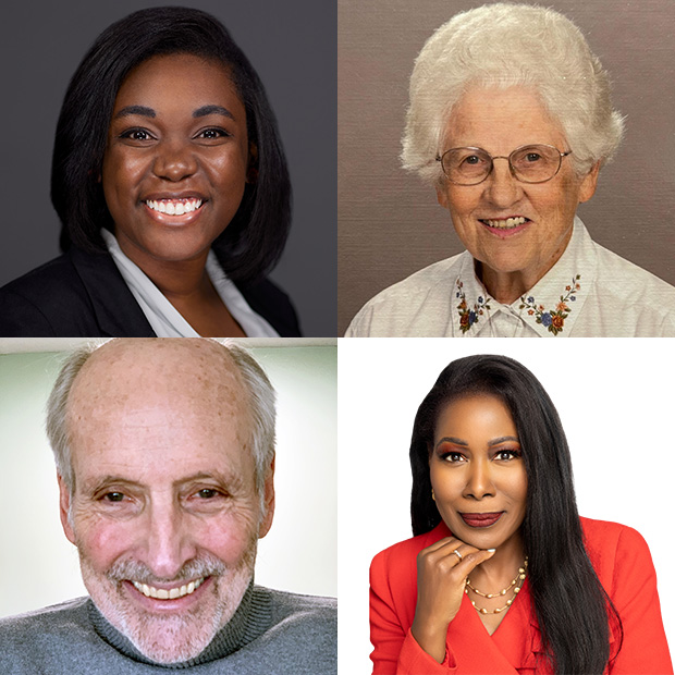 A photo collage of Jasmine Gilstrap Hunter, JoEllen Maly Hoth ’62, Robert Hodierne ’68, and Isabel Alexis Wilkerson.