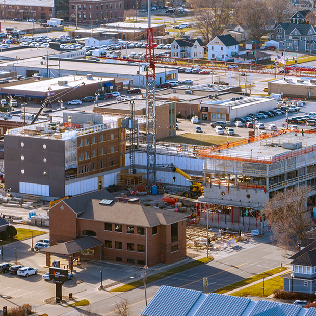 An aerial drone photo of the construction progress of Renfrow Hall.