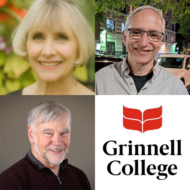 Collage of headshots. Featured clockwise starting in the upper left: Deborah Smith-Wright ’75, David Calvert ’75, the Grinnell College logo, and Bob Eckardt ’73.