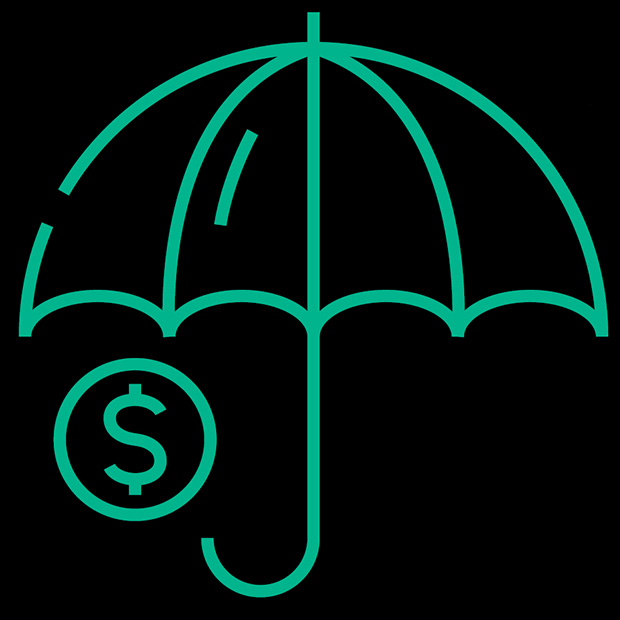 Green Umbrella with sits above a green circle with a dollar sign in the circle. Both are set on a black background.