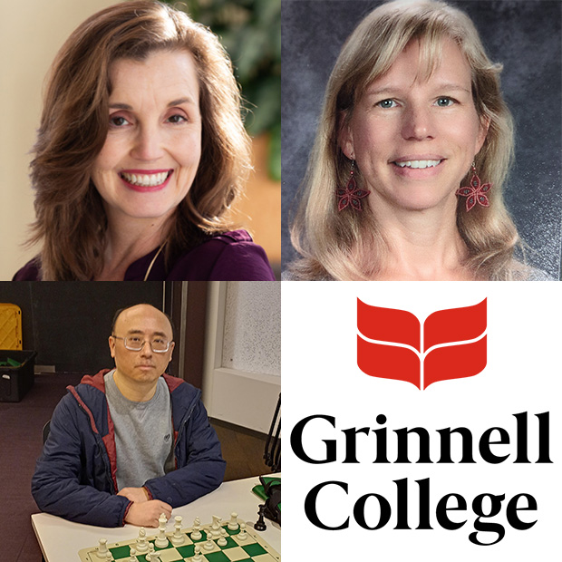 Erin Owen ’94, Charlie Wong ’95, Kate Worster Beran ’97, and the Grinnell College Logo.