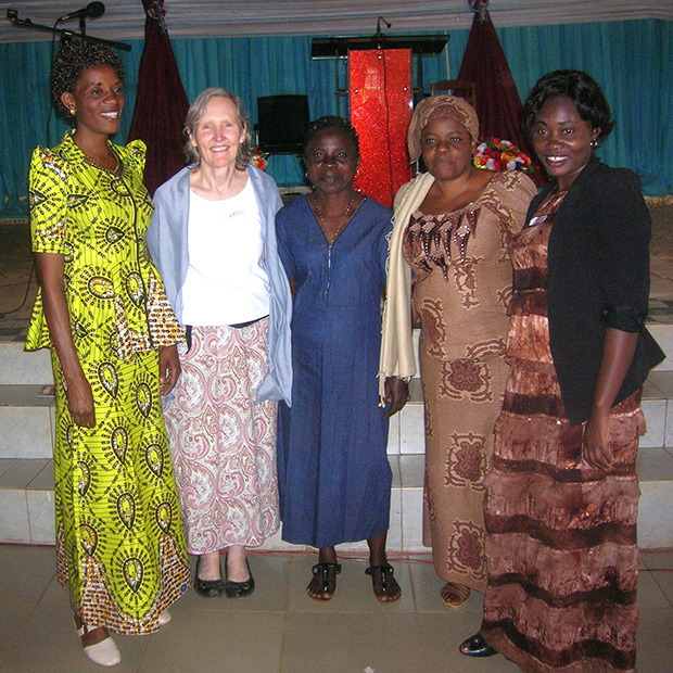 Kathryn Railsback ’80, second from left, is pictured with facilitators and participants in a past workshop held in Bukavu, a city in the Democratic Republic of the Congo. 