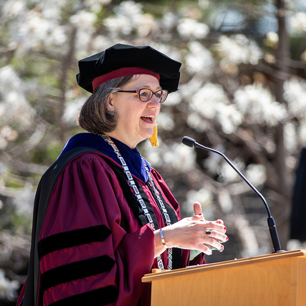 President Anne F. Harris gives an address during her inauguration ceremony.