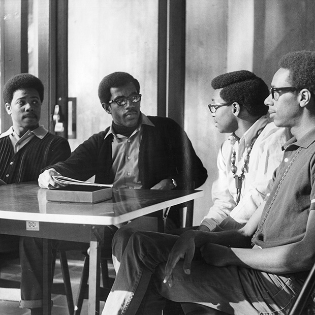 The archive photo shows a meeting of the Concerned Black Students