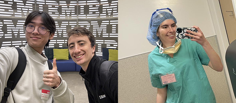 Photo 1: Gun Woo Kim ’27 and Martin Pollack ’22. Photo 2: Emily Milenova ’27 poses in hospital scrubs, a face field, and a hairnet. 