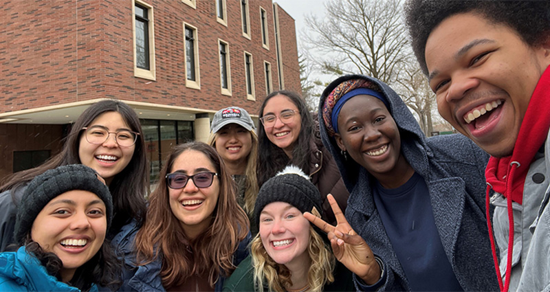 Students ff The Keen One Project take a group photo on campus. Pictured, left to right, are Sneha Lohani ‘23, Sarah Oide ‘23, Andrea Suazo ’24, Hyein Cho ‘23, Sonia Benitez ‘23, Jazmin Richardson ‘23, Oluwatobi (Jemzy) Alabi ‘24, and David Hudson '23.