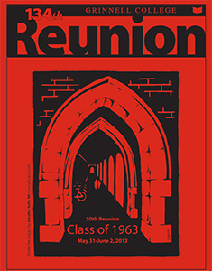2013 Grinnell College Directory cover for the Class of 1963 50th Reunion. Black Illustration on Red background. The illustration features the covered walkways on campus.  
