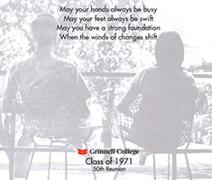 Cover of the 1971 Grinnell Memory Book. Text: May your hands always be busy, May your feet always be swift, May to have a strong foundation, When the winds of changes shift. Image: Two students sitting in an outside space on campus facing away from the camera. 
