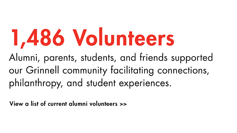 Large Text: 1,486 Volunteers. Small text: Alumni, parents, students and friends support our Grinnell community facilitating connections, philanthropy, and student experiences.